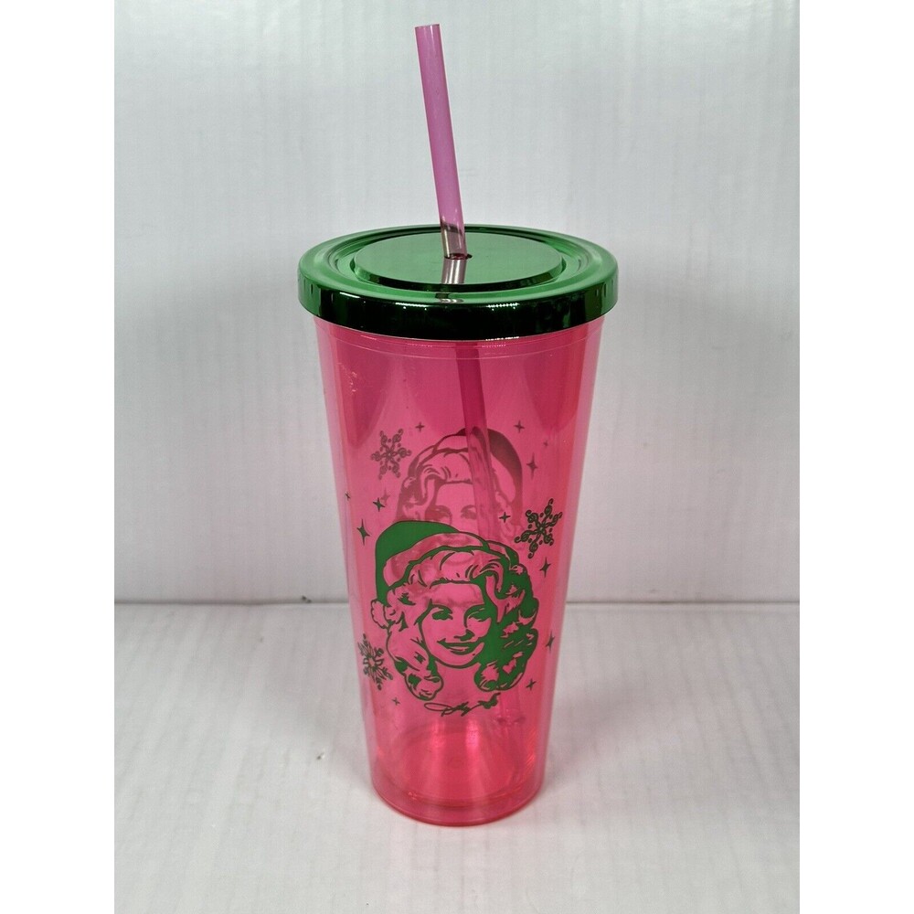 Dolly Parton Christmas 21.5 oz Pink Plastic Tumbler with Straw Green Lid NEW